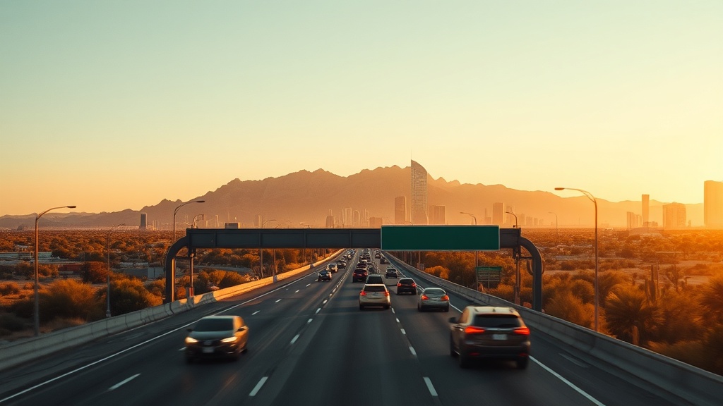Phoenix Arizona freeway at sunset with cars in motion