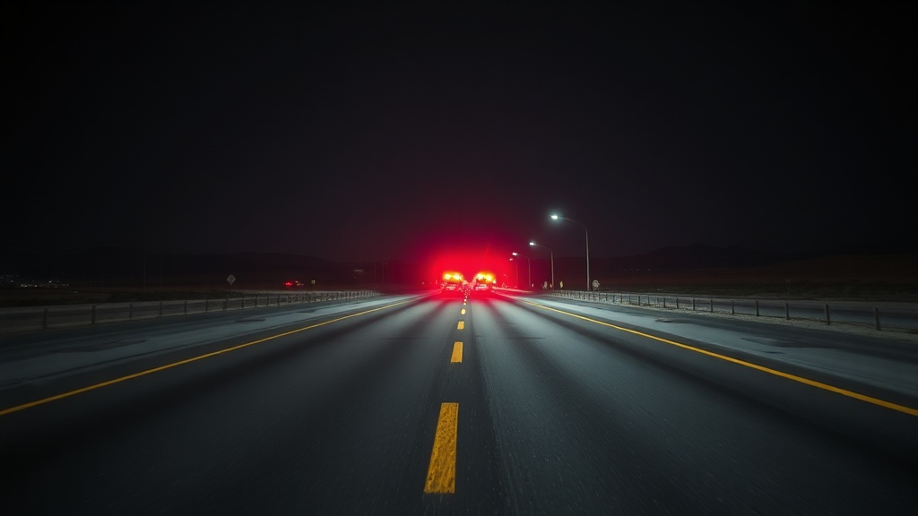 Arizona highway at night with empty roadway and warning lights