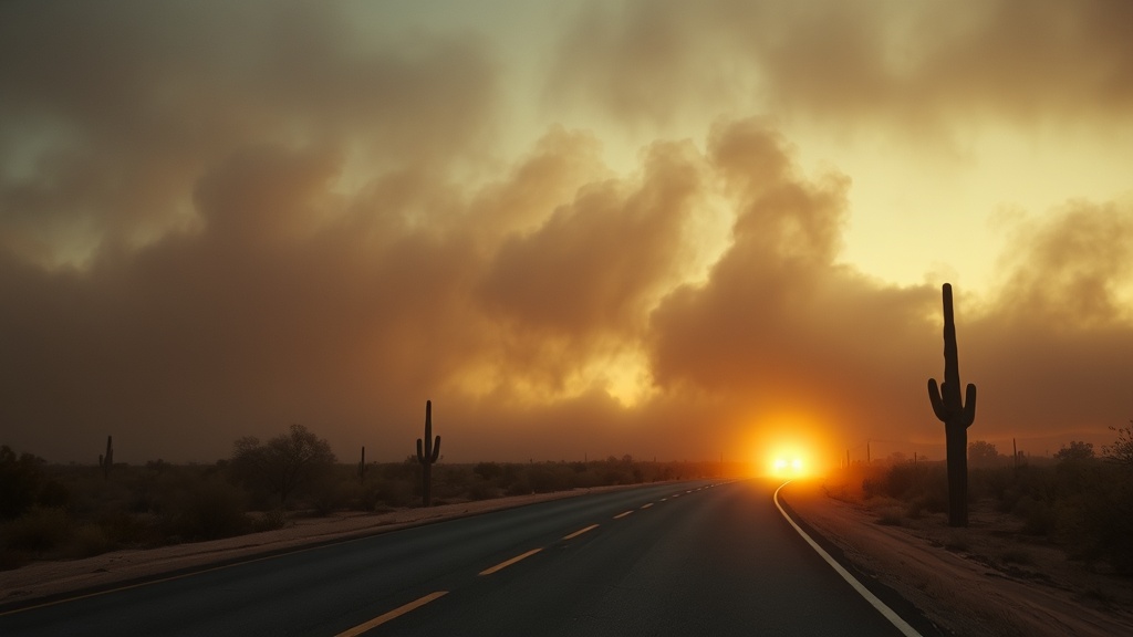 Arizona desert highway during monsoon storm with dramatic clouds