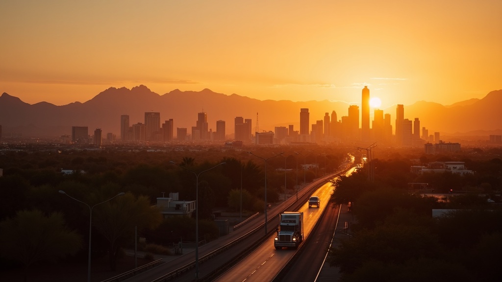 Phoenix Arizona freeway with semi-truck and downtown skyline at dawn