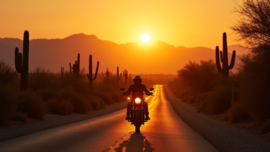 Tucson Arizona desert road motorcycle at sunset