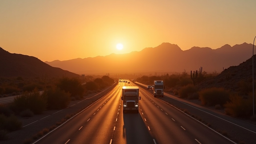 Tucson Arizona I-10 freeway with semi truck at sunrise