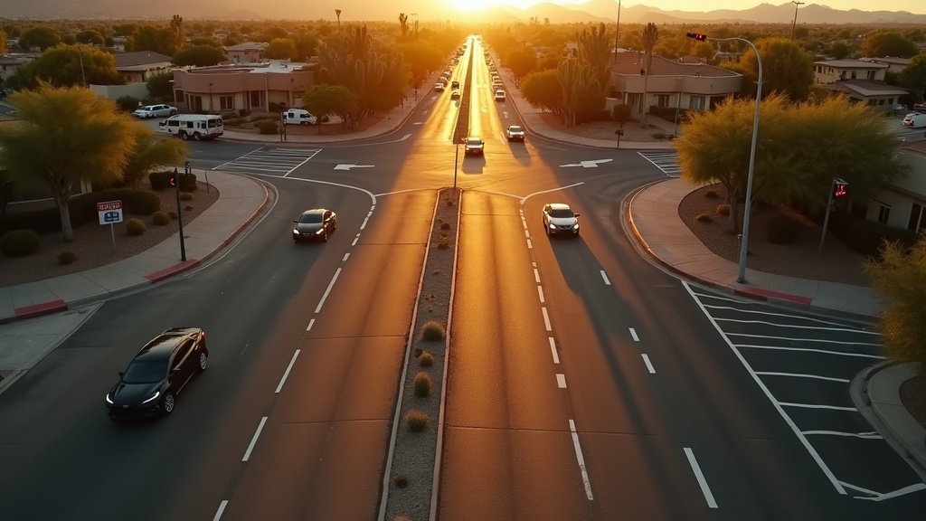 Arizona intersection showing right-of-way markings and a car waiting to turn left