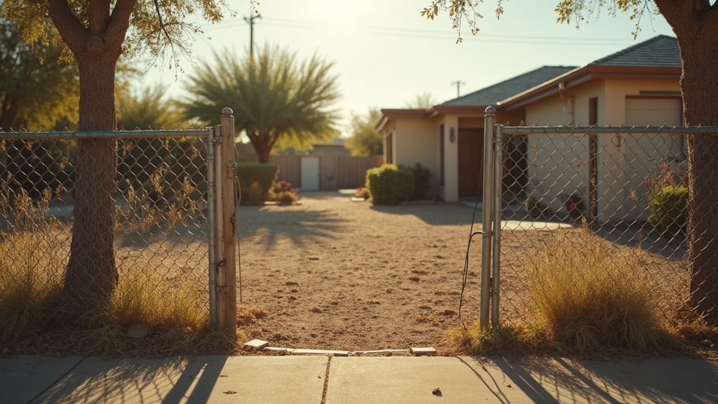Residential fence and gate with a leash hanging on the post in Maricopa County, Arizona