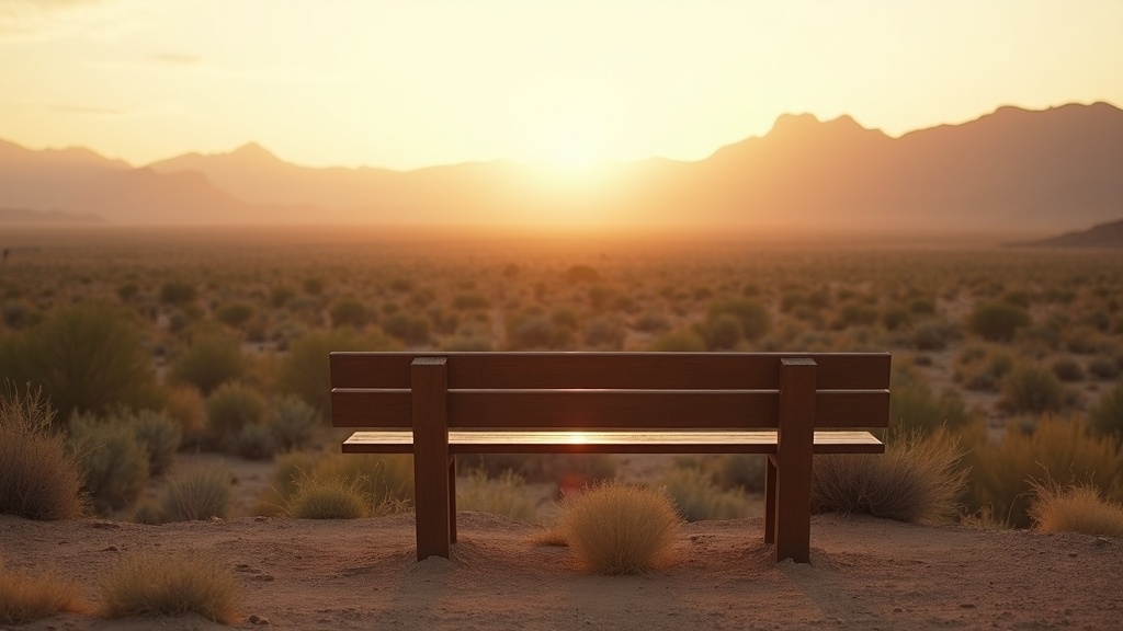 Empty bench overlooking an Arizona desert valley at dawn