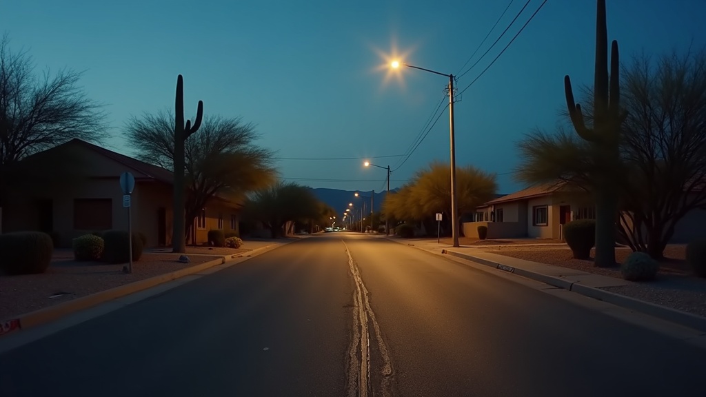 Empty Arizona street at dusk with tyre marks after a hit-and-run