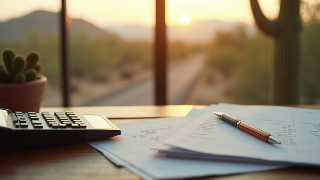 Desk with calculator, medical file and receipts used to calculate an Arizona injury settlement