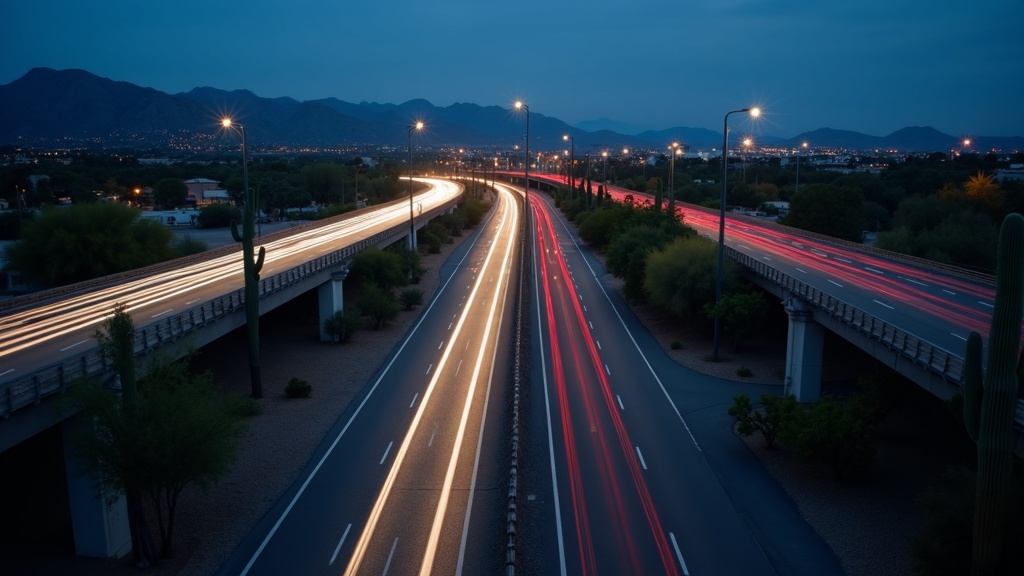 Freeway interchange in Mesa, Arizona at dusk with traffic light trails