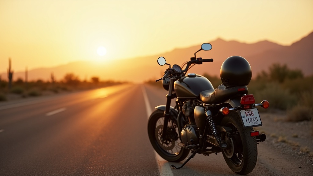 Motorcycle parked on an Arizona desert highway shoulder at sunset