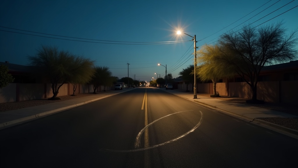 Empty Arizona street at dusk after a collision with an uninsured driver