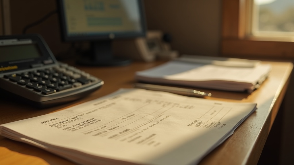Desk with calculator, folder and receipts representing medical lien deductions from an Arizona settlement