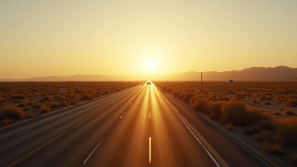 Interstate 10 through West Valley farmland in Arizona at low sun