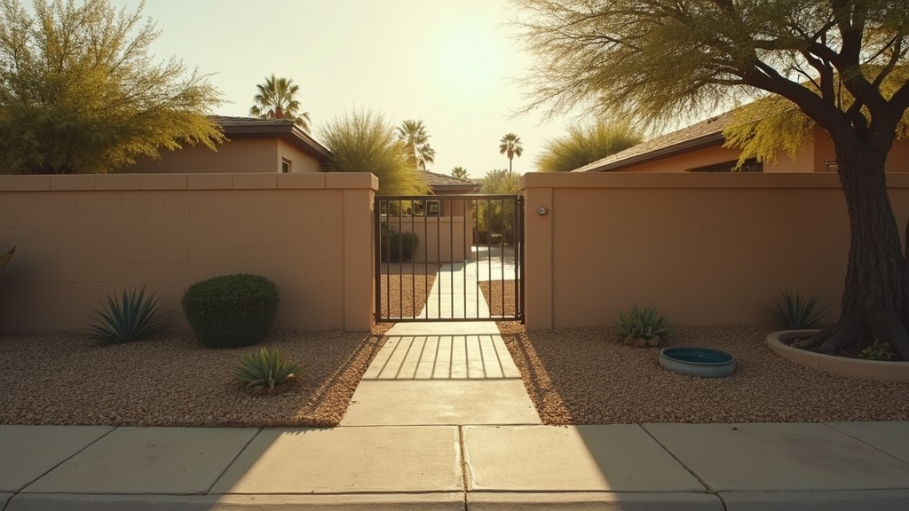Suburban sidewalk and garden gate in Arizona representing a child dog bite claim