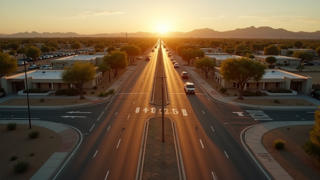 Suburban intersection viewed from above at golden hour