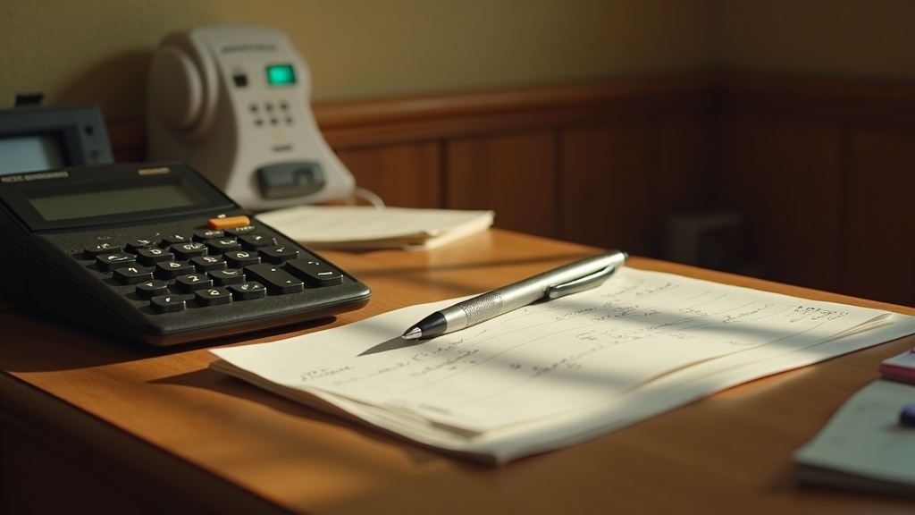 Calculator, folder and receipts on a desk