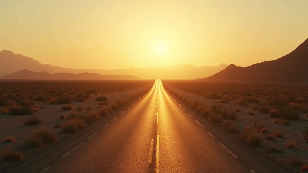 Straight Arizona highway at low sun