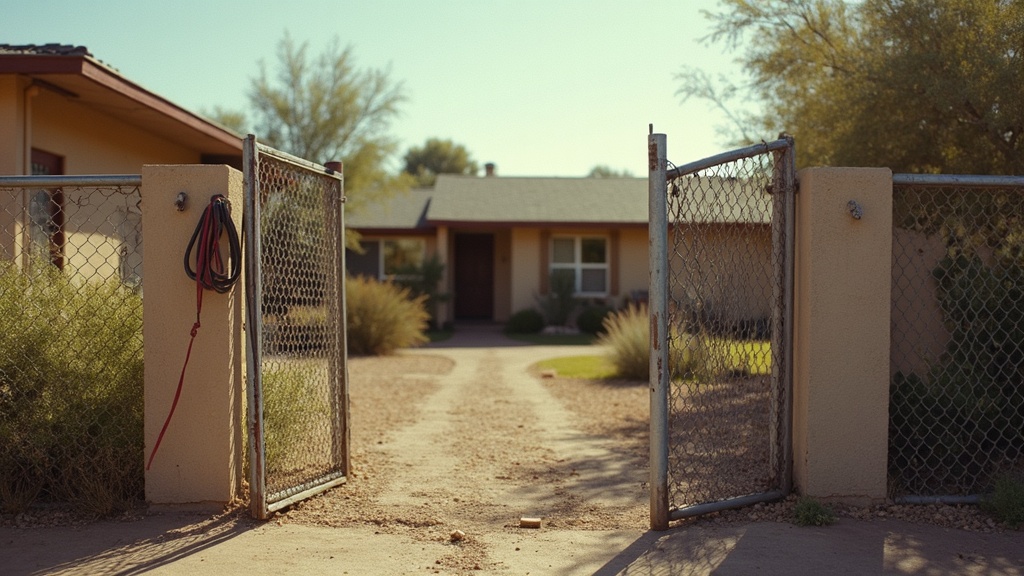 Front yard with a chain link fence and open gate