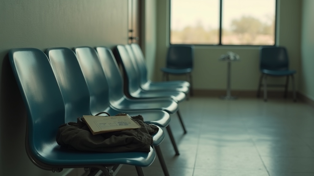 Empty clinic waiting room chair with paperwork