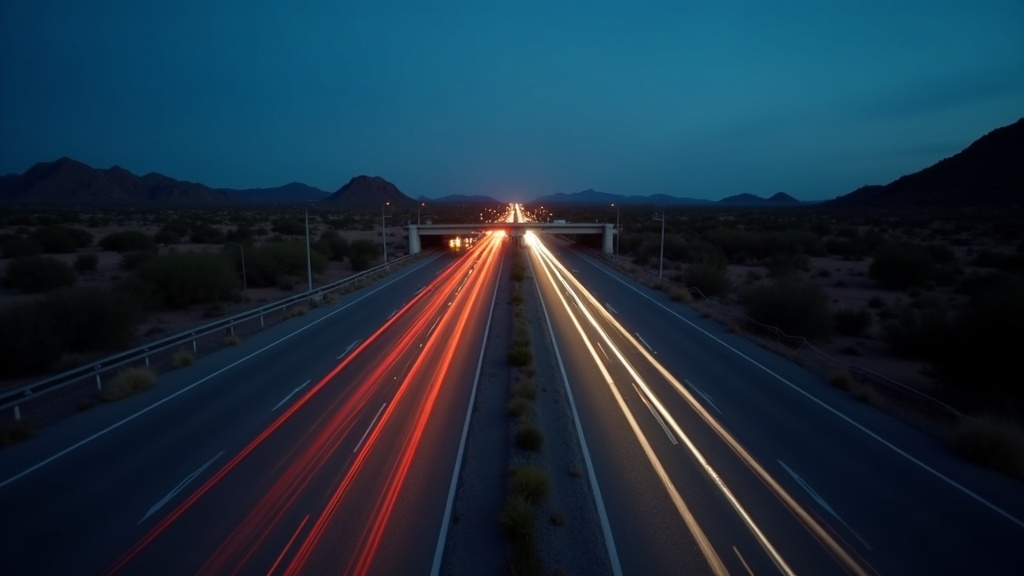 Freeway from an overpass at blue hour