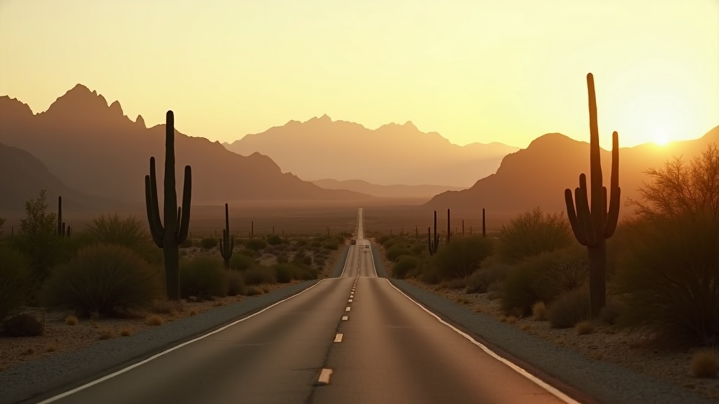 Desert highway curving toward mountains at golden hour