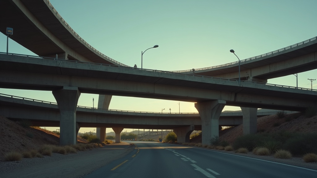 Freeway interchange from below at dusk