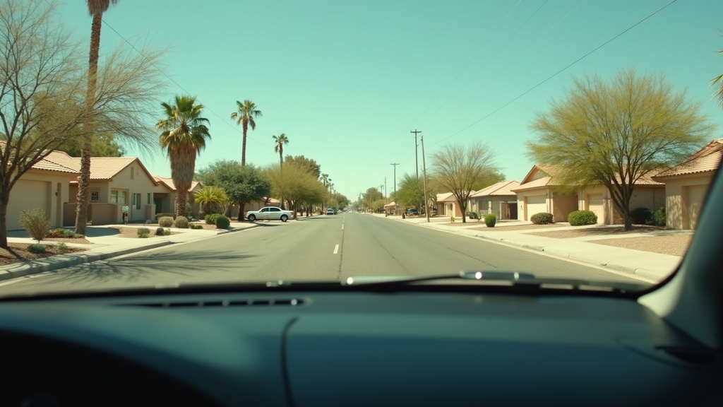 Residential street seen through a windscreen