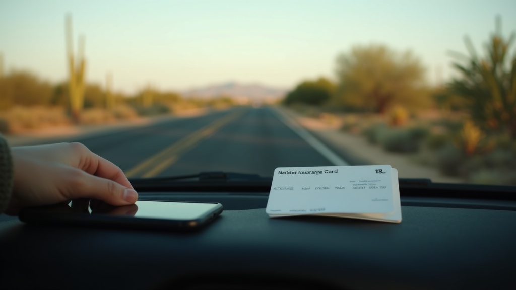 Phone and insurance card on a car dashboard after an Arizona crash