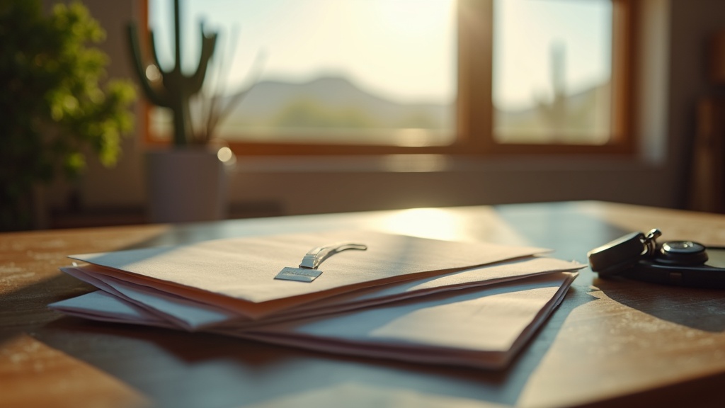 Medical bills and a hospital wristband on a kitchen table after an Arizona car accident