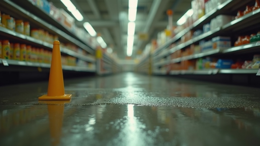 Wet supermarket aisle floor with a warning cone, representing an Arizona premises liability claim