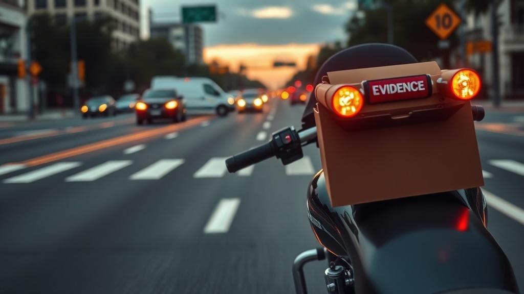Text-free image of a motorcycle beside stopped traffic with evidence markers and road-lane shapes.
