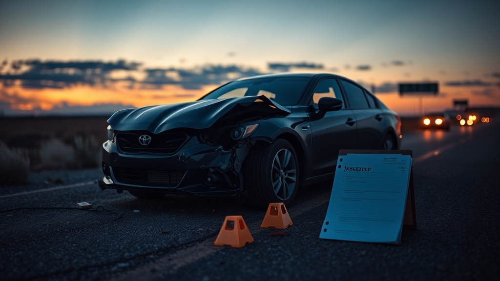 Text-free image of a damaged car, empty road, evidence markers, and insurance folder at dusk.