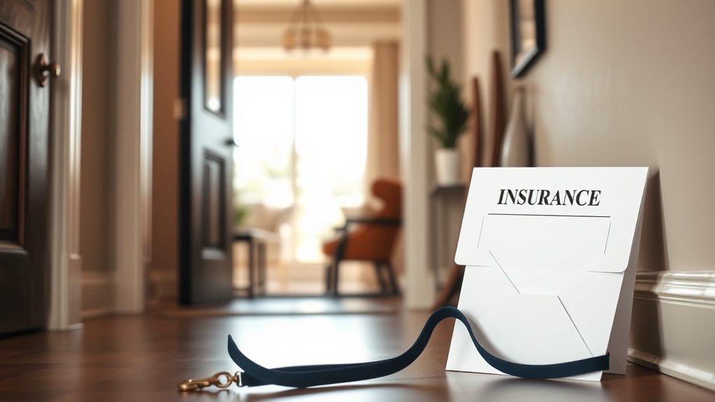 Text-free image of a home entry, dog leash, and insurance folder arranged as claim evidence.