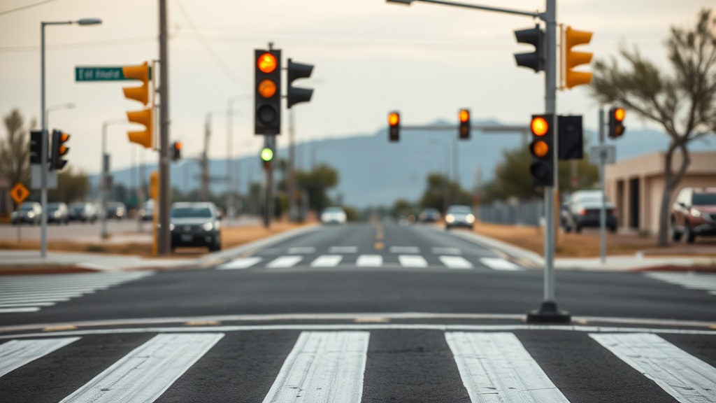 Imagen editorial de un cruce peatonal en Arizona con carpeta de evidencia, sin texto legible.