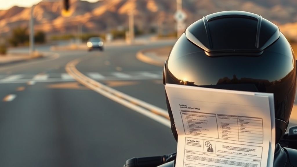 Text-free image of a Mesa road intersection, motorcycle helmet, and crash-data folder.
