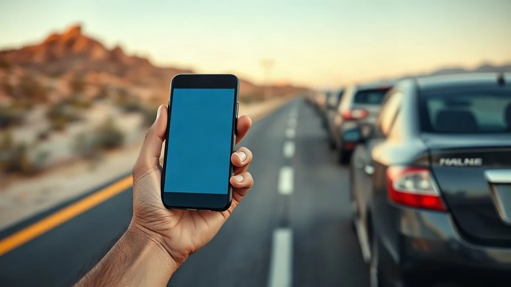Fotografia editorial de una persona documentando un auto estacionado en una carretera de Arizona con un telefono.