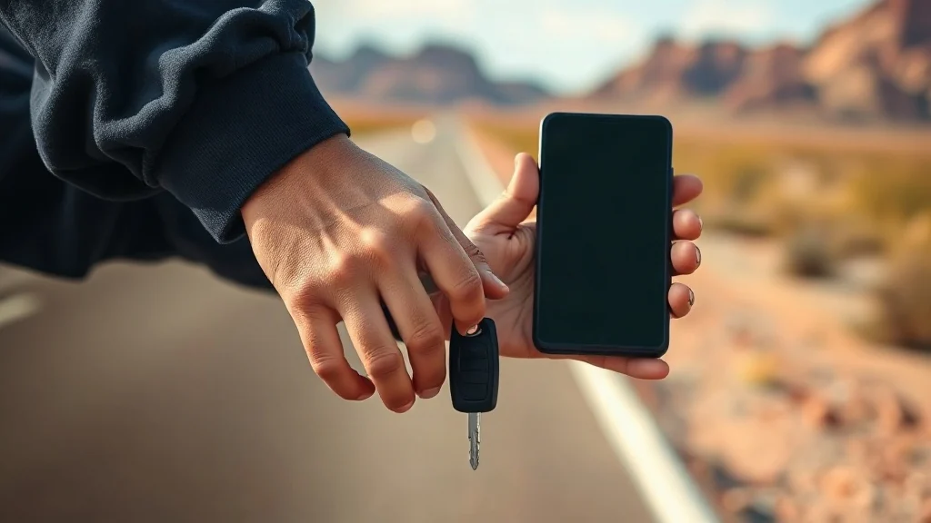 Editorial photograph of a driver documenting a parked car on an Arizona roadside with a smartphone.