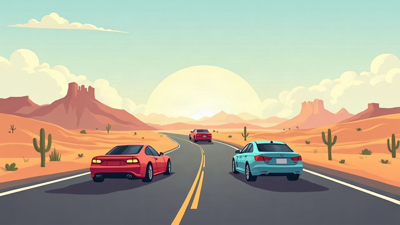 Editorial illustration of two cars separated on an Arizona desert road with a third vehicle observing, calm scene, no collision