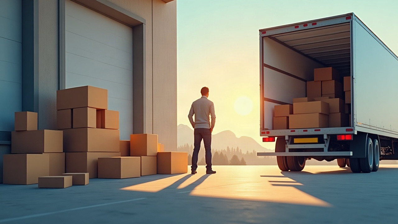 Open generic box trailer at loading dock with securely stacked unbranded cartons and a plain seal in foreground