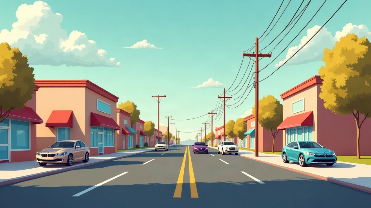 Generic Arizona commercial intersection with a storefront security camera and parked cars, calm editorial photography