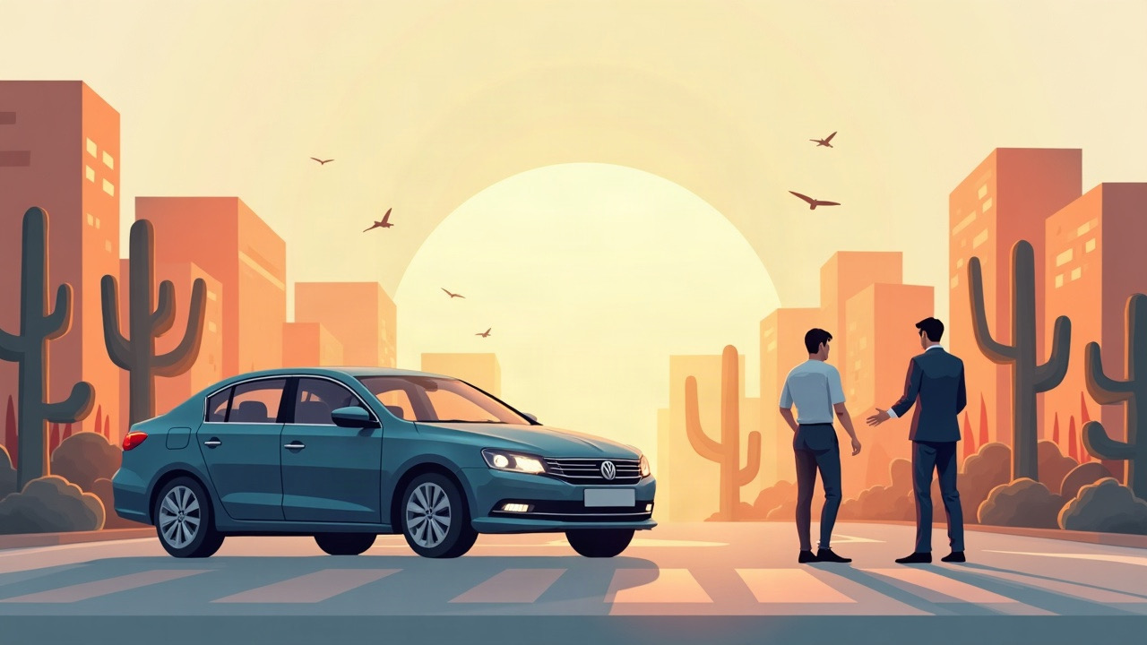 Editorial illustration of a parked car and organized claim folders linked by simple lines, Arizona palette, no words