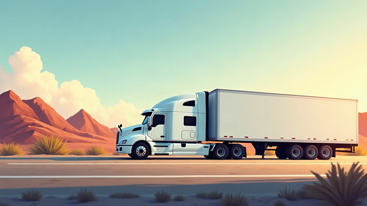 A generic parked white semitruck viewed from side at an Arizona rest area, focus on tractor door and separate trailer, blank markings, warm natural light