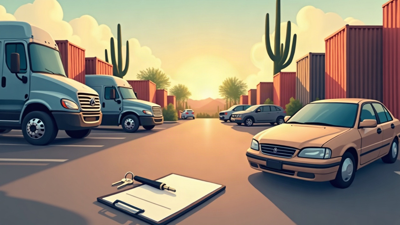 Generic car parked safely in organized Arizona vehicle storage yard beside a clipboard and keys, no visible damage