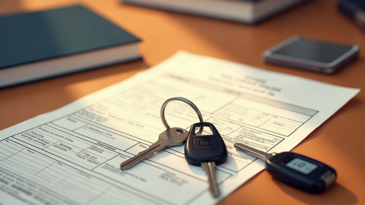 Generic rental car keys beside blank receipts and transit card on a warm wood table