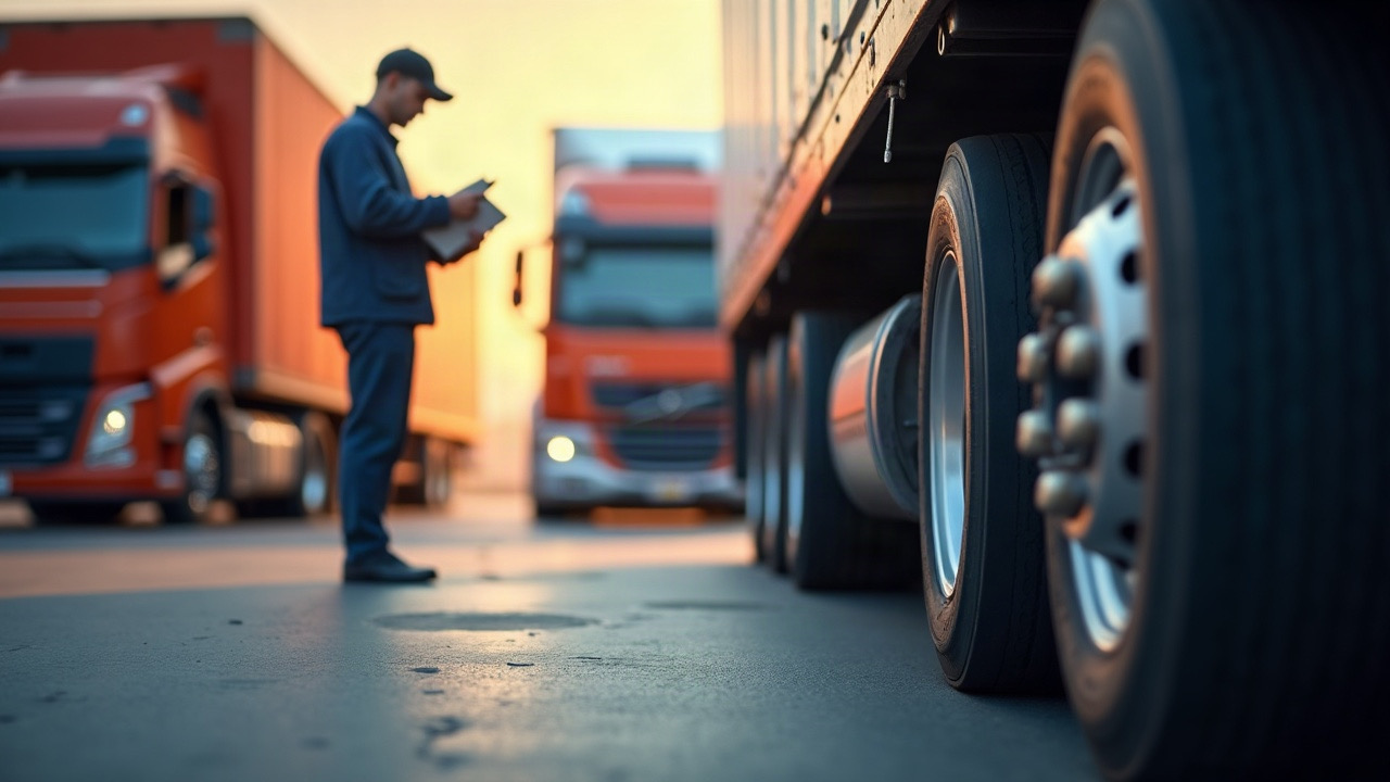 Close view of stationary semitruck tire and mechanic clipboard without writing in a clean Southwest maintenance bay