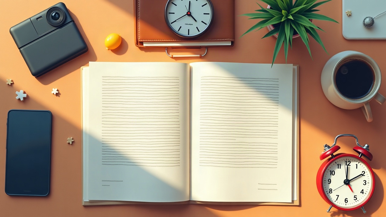 Editorial flat lay of generic dash camera, blank log sheets, and analog clock on a desert toned desk