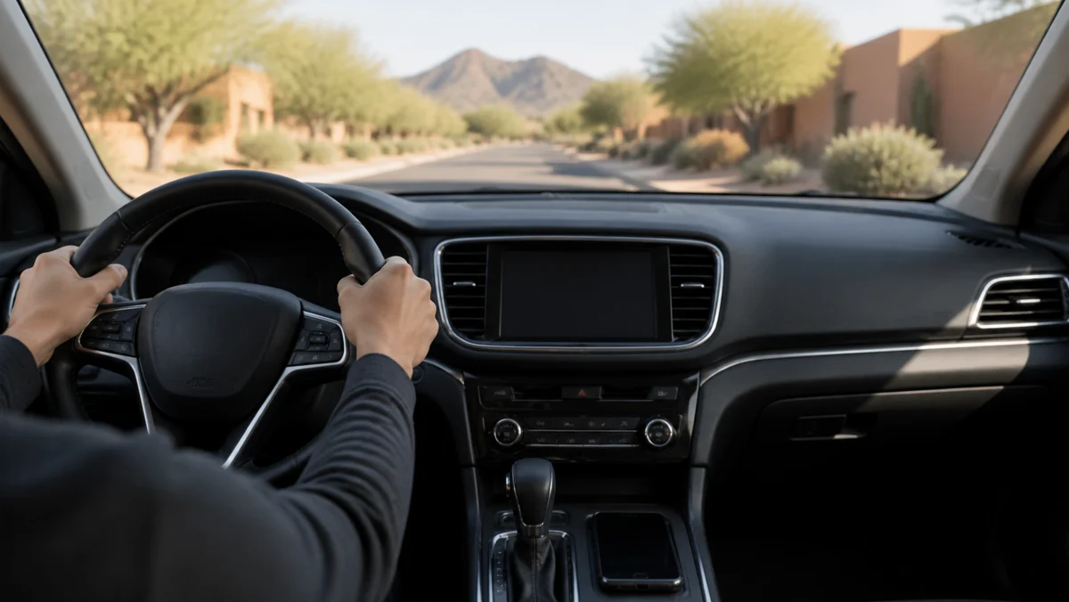 Editorial view from inside a car with hands on the steering wheel and a phone stored in the console.
