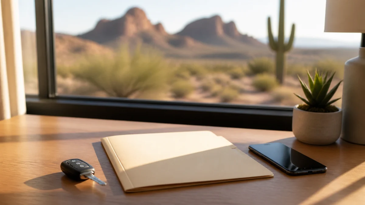Editorial image of a blank folder, car key, and phone on a sunlit Arizona desk.